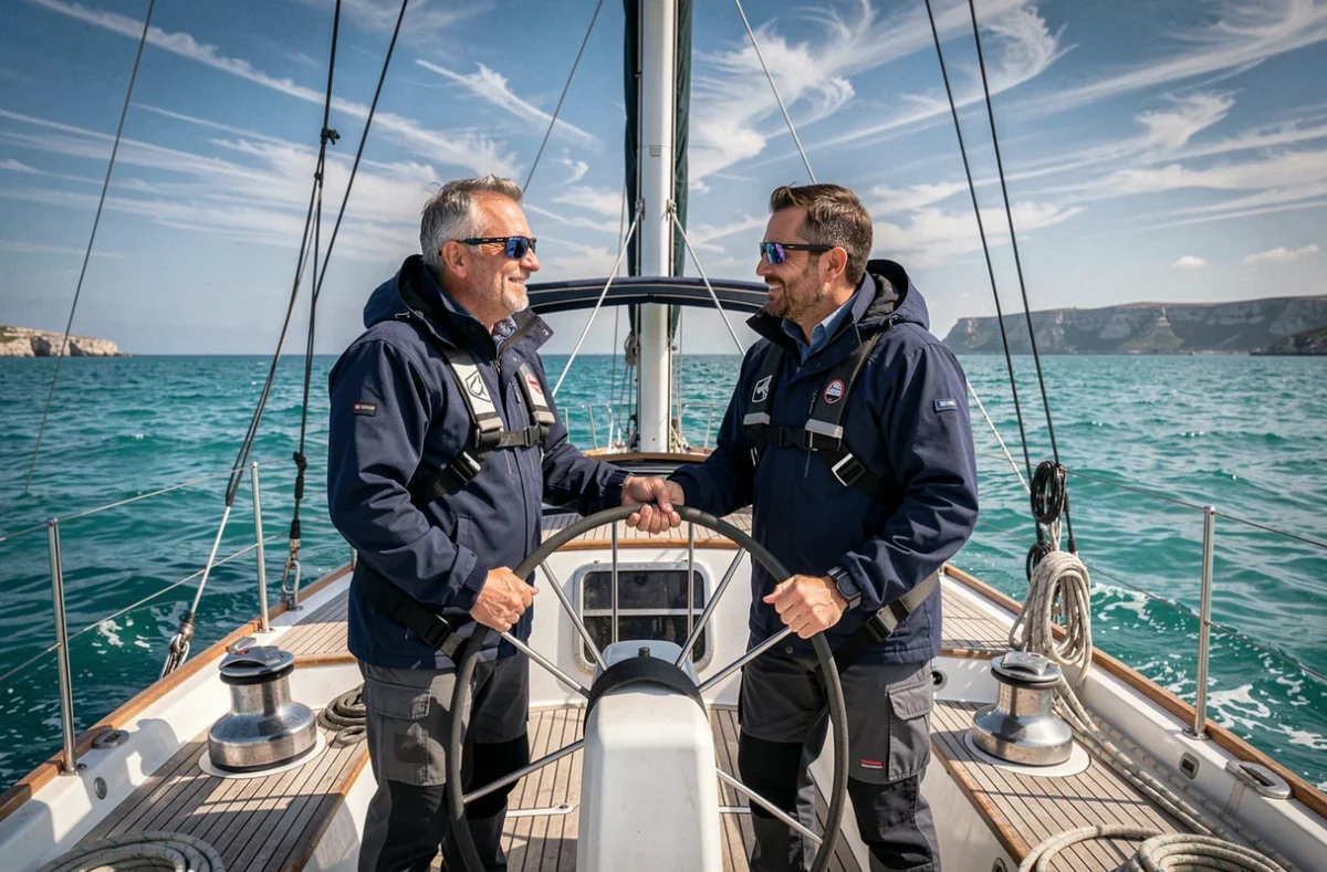 Couple à la barre d'un voilier de 45 pieds en Méditerranée lors d'une croisière à voile