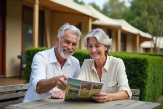 Couple consultant le programme d'activités dans un camping chaine tout compris en France
