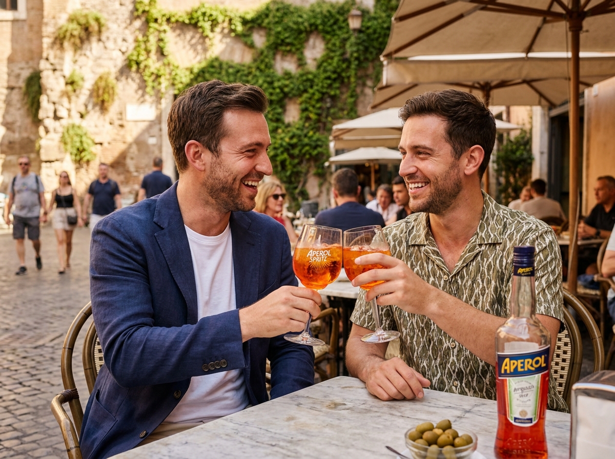 Couple d'hommes partageant un Aperol Spritz à la terrasse d'un café dans une piazza romaine ensoleillée