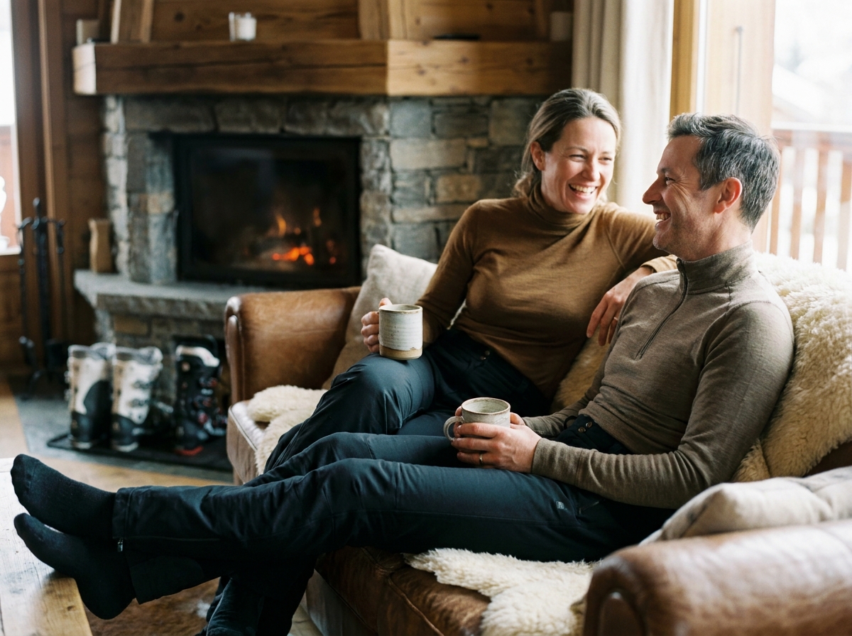 Couple se relaxant dans le salon d'un chalet de location aux Alpes du Sud avec cheminée en pierre