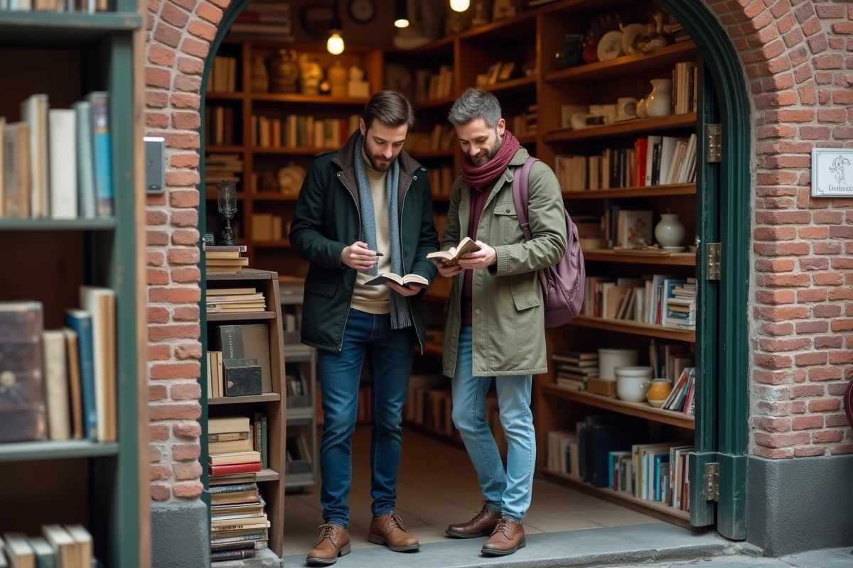 Couple de voyageurs explorant une librairie d'occasion dans une ruelle pittoresque de Lübeck pour voyager pas cher