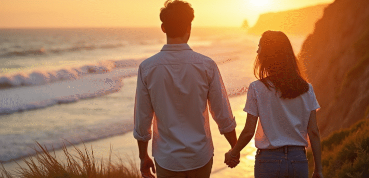 Jeune couple marche main dans la main sur la côte bretonne au coucher du soleil