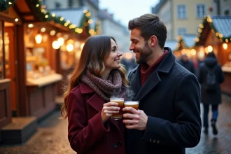 Couple amoureux dégustant un vin chaud au marché de Noël de Strasbourg pour le Nouvel An