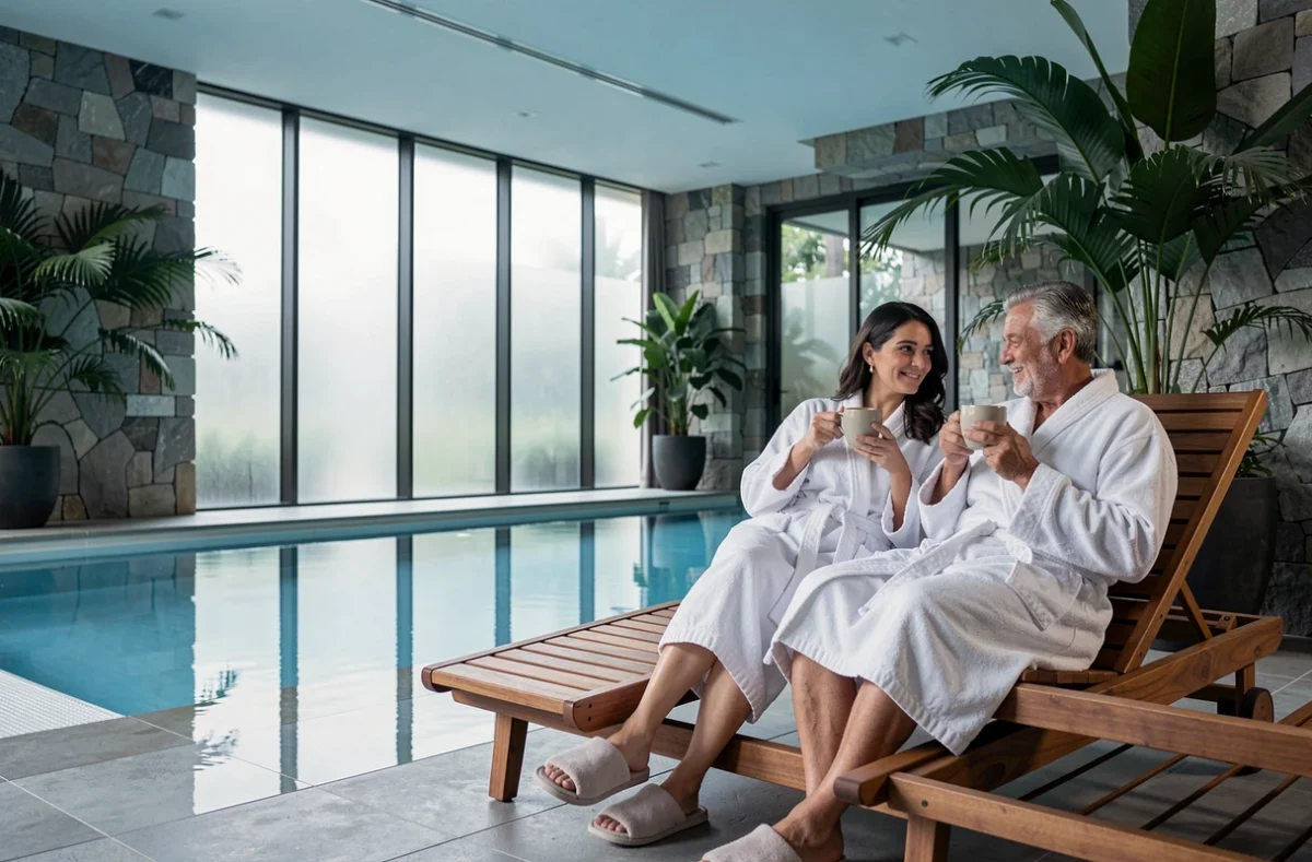 Couple profitant d'un moment de détente au bord de la piscine intérieure d'un hôtel spa au centre de Dijon