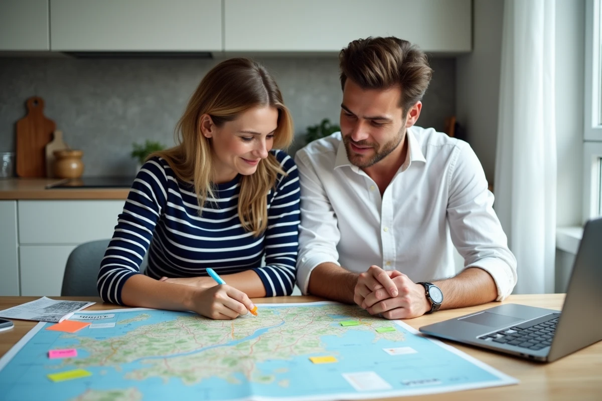 Couple planifiant ensemble un itinéraire de voyage détaillé avec une carte Michelin et un ordinateur portable à la maison