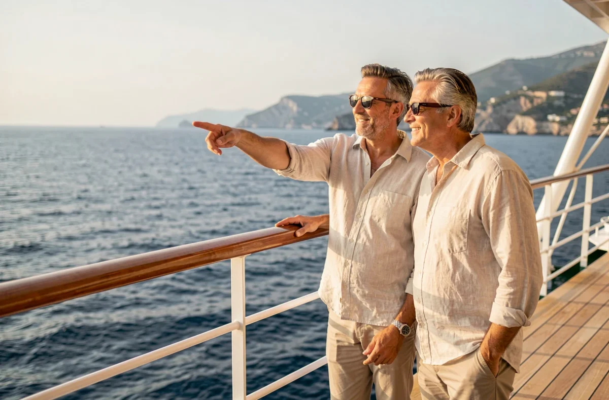 Couple de voyageurs sur le pont d'un bateau de croisière en Méditerranée admirant la côte