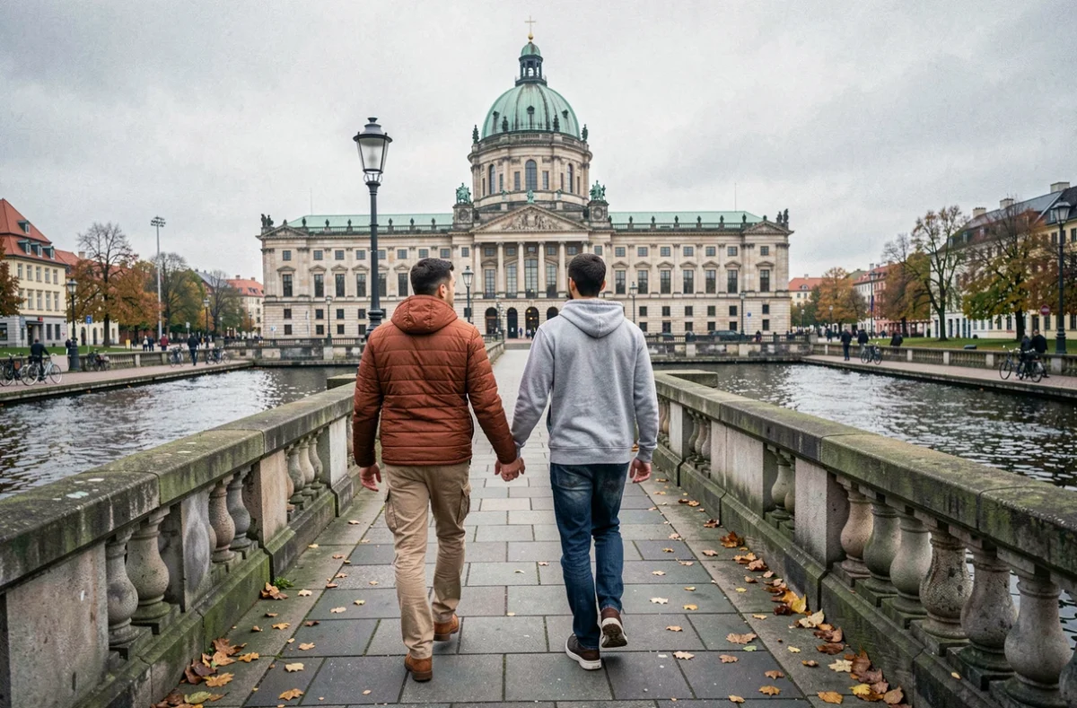 Couple traversant le pont Monbijou avec le dôme du musée Bode visible sur l'Île des Musées à Berlin