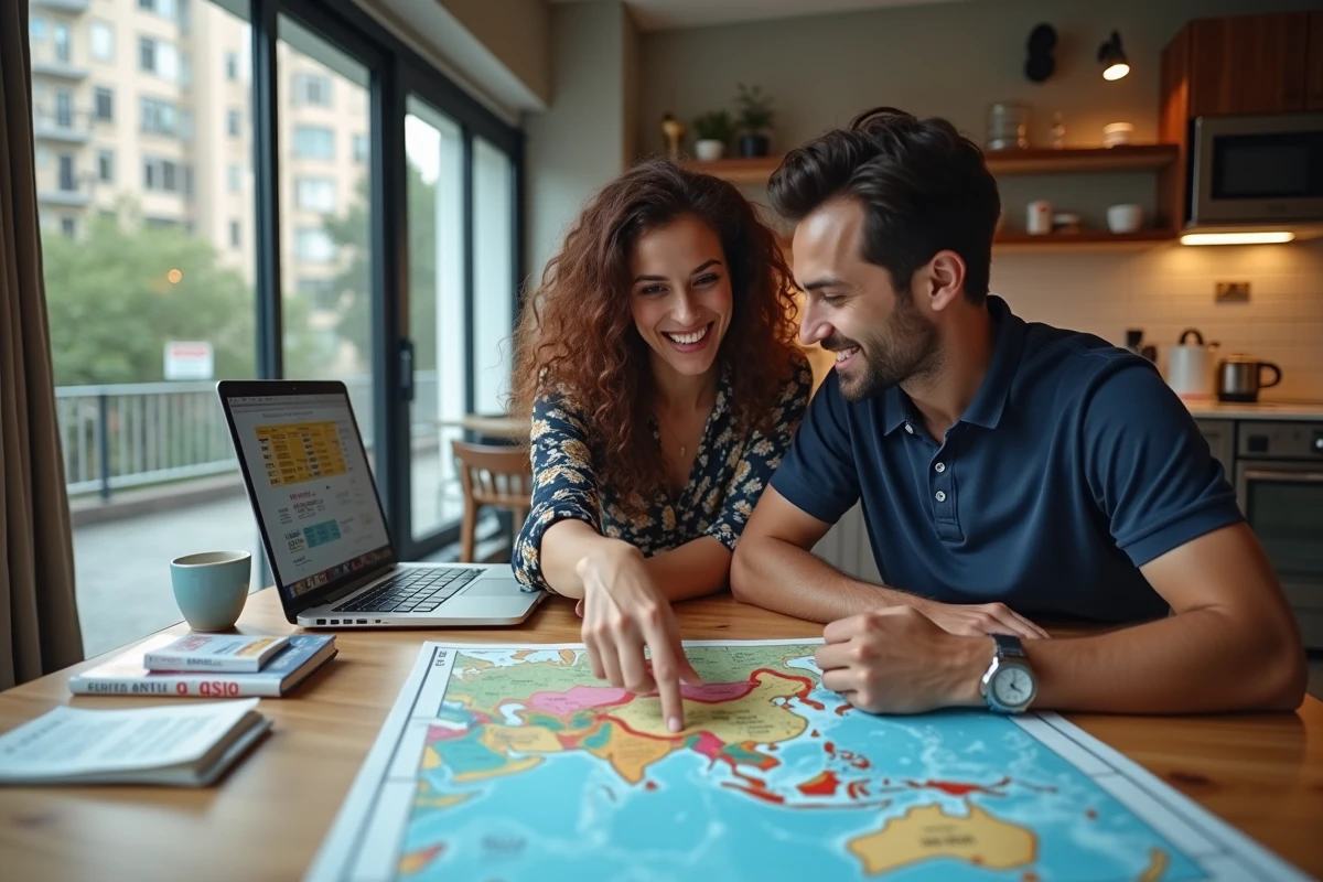 Couple de voyageurs débutants préparant un voyage en Asie autour d'une carte des pays