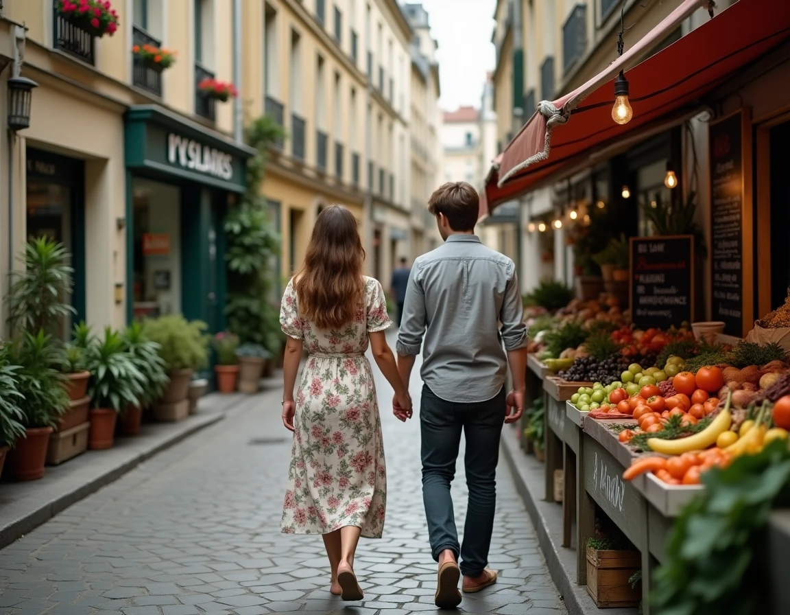 Couple se promenant rue Lepic à Montmartre devant un étal de fruits et légumes et des immeubles haussmanniens