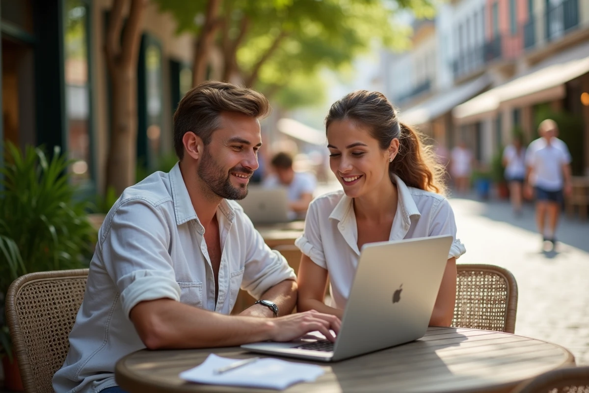 Jeune couple planifiant vacances au cafe en plein air