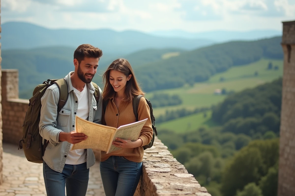 Jeune couple explorant le château de Requesens avec carte