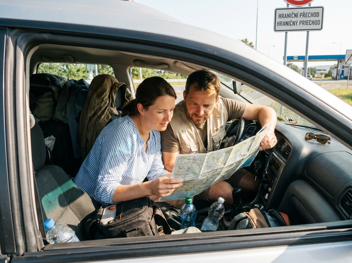 Couple consultant une carte routière dans une voiture avec vignettes autoroutières collées sur le pare-brise lors d'un road trip en Europe centrale