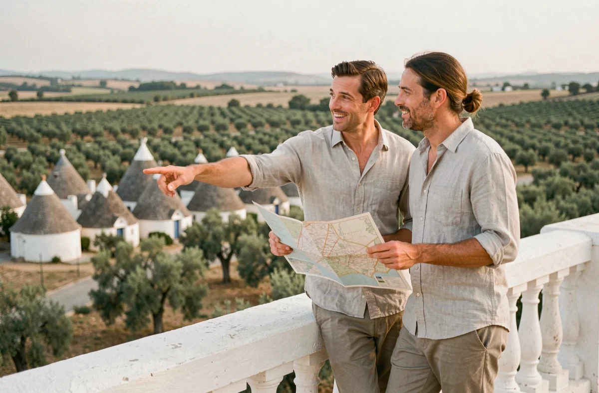 Couple de voyageurs observant la vallée d'Itria depuis un belvédère avec vue sur les trulli et les oliveraies des Pouilles