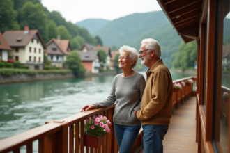 Couple souriant sur le pont d'une croisière fluviale