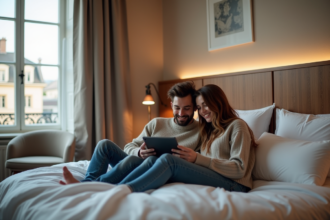 Jeune couple souriant sur un lit d'hôtel en France