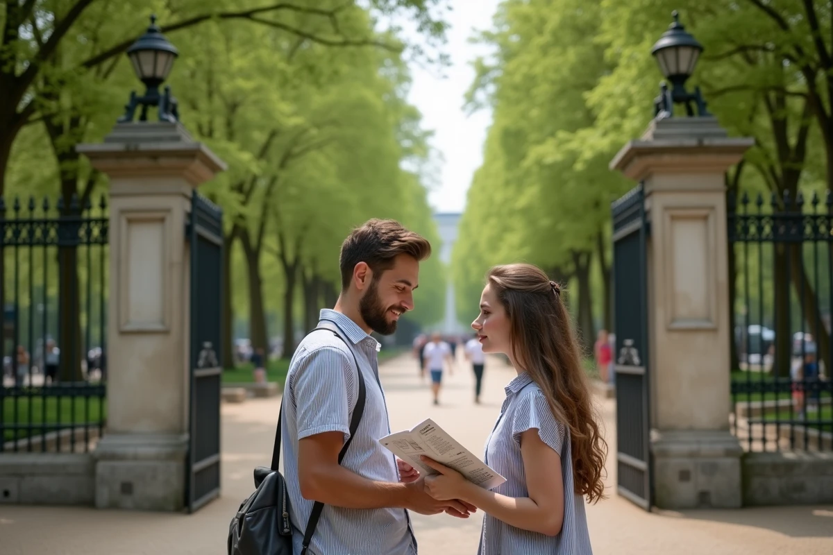 Couple de touristes consultant un guide devant l'entrée du parc Montsouris dans le 14e arrondissement de Paris