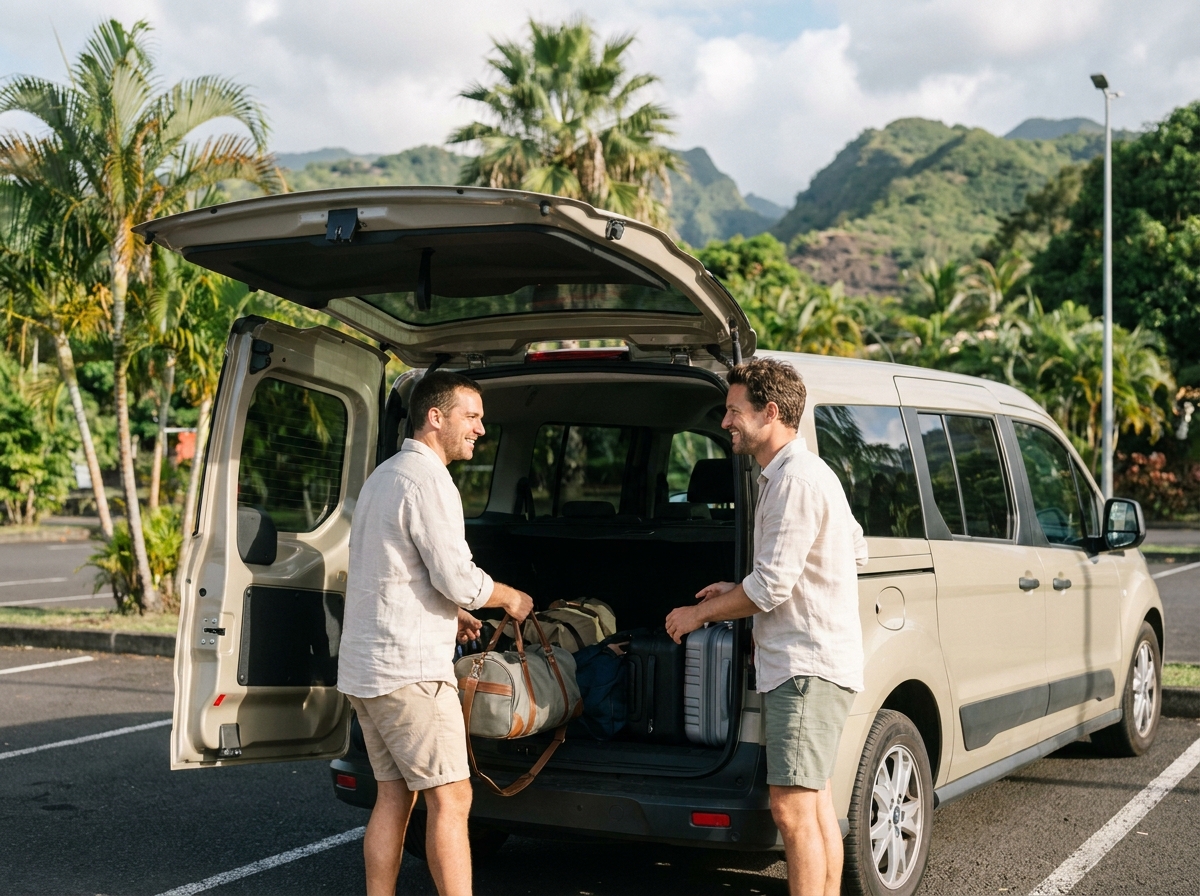 Couple souriant avec van à Réunion en plein air