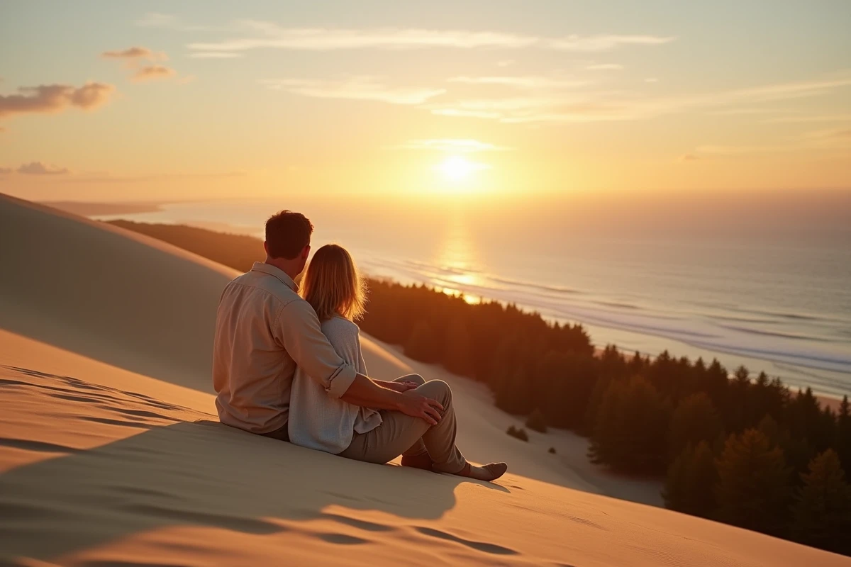 Couple assis sur le versant de la Dune du Pilat face à l'océan Atlantique au coucher du soleil