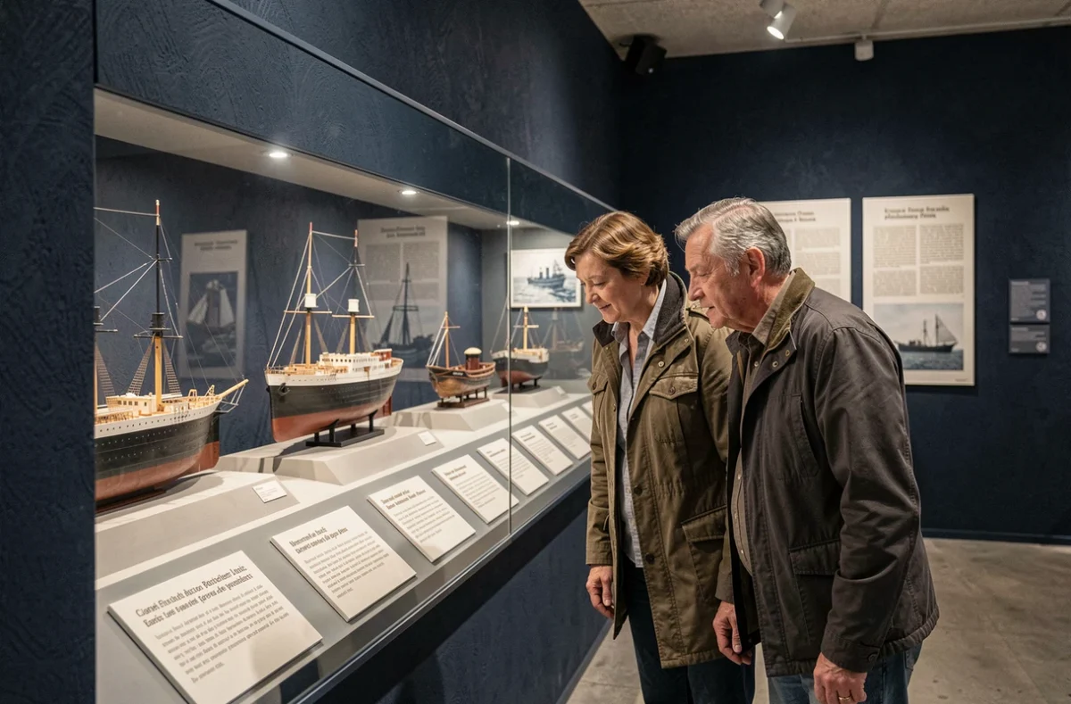 Couple de visiteurs observant des artefacts d'époque dans la galerie du musée Titanic à Lyon