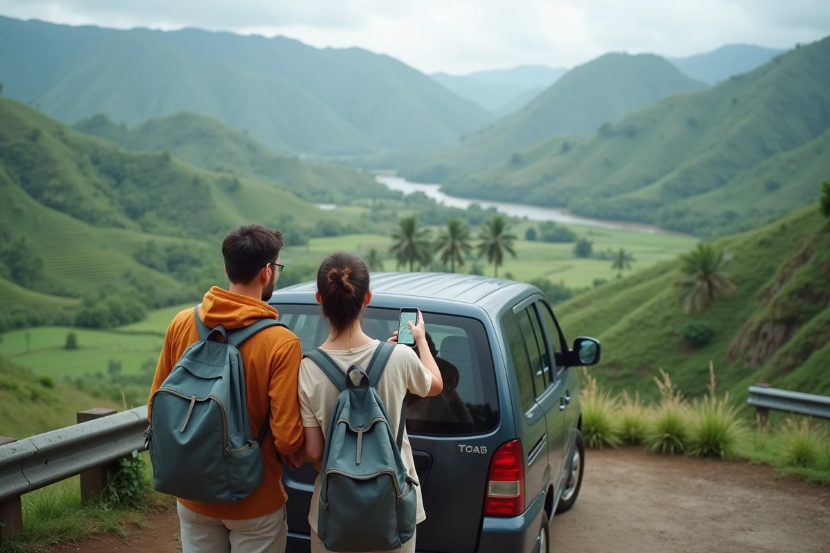 Couple de voyageurs consultant une carte hors-ligne depuis une voiture de location avec vue sur les collines de Lombok