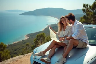Jeune couple souriant devant une voiture sur un point de vue à Skopelos