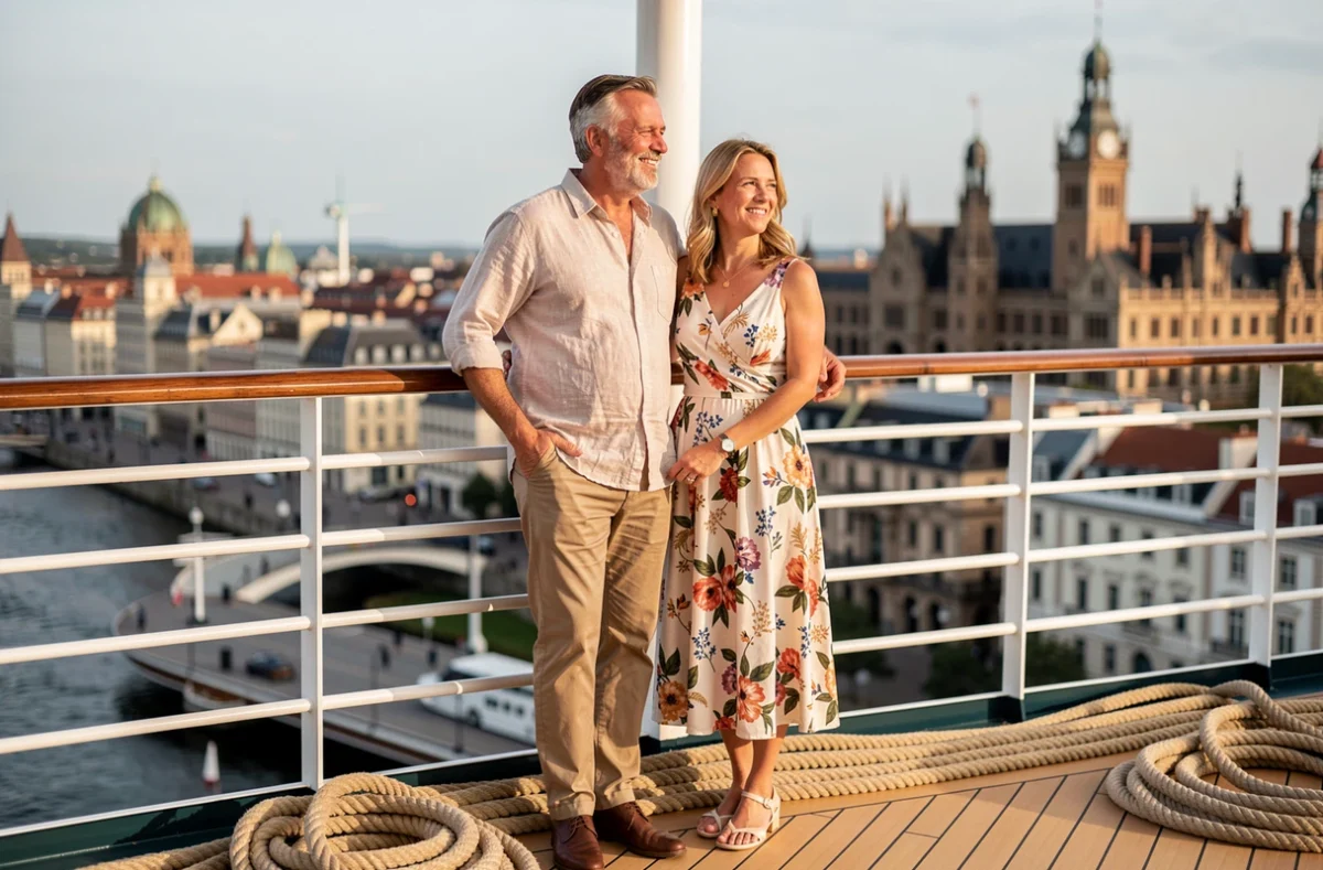 Couple de voyageurs sur le pont d'un bateau de croisière au départ de Bordeaux