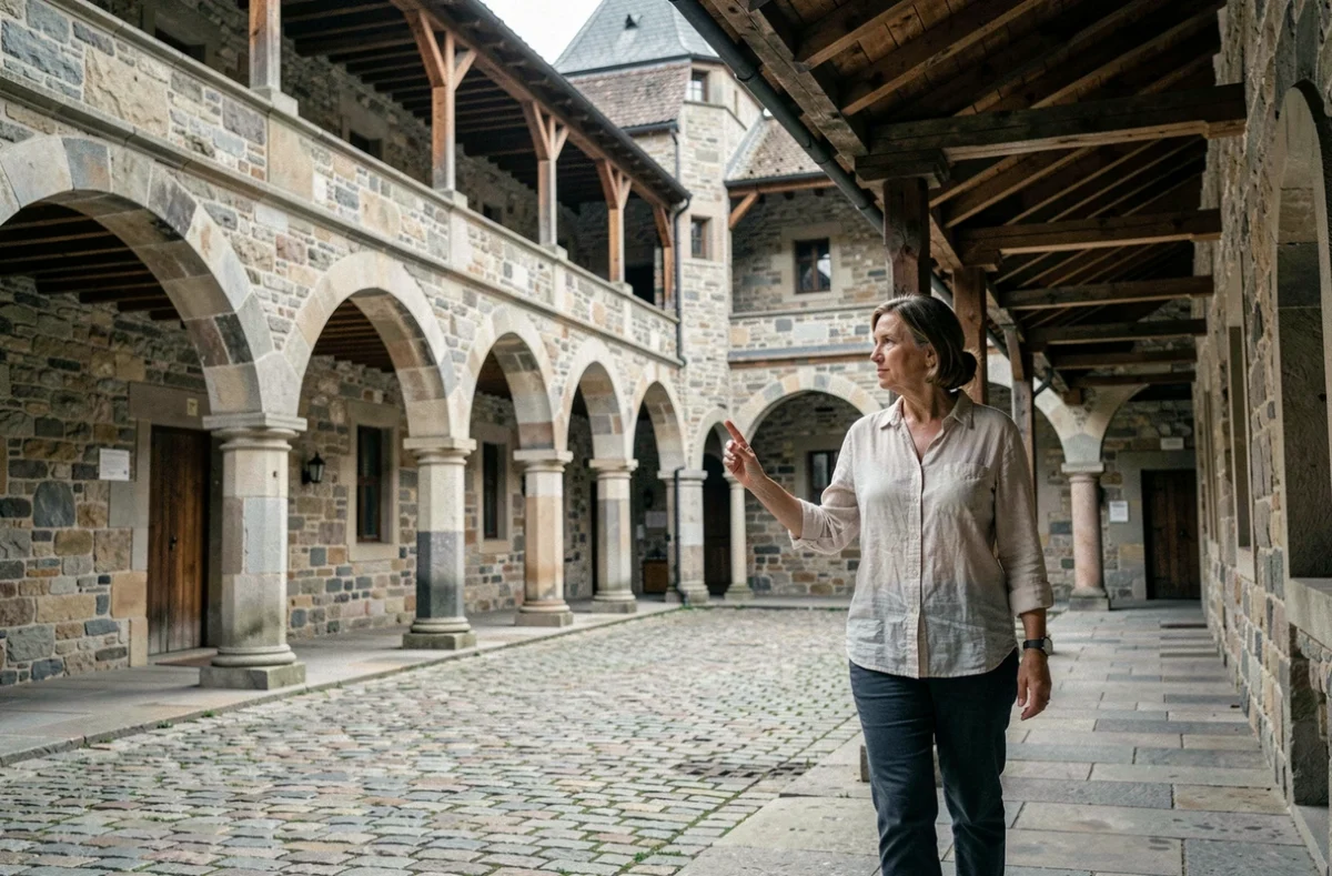 Galeries intérieures en arcade d'une église fortifiée saxonne en Transylvanie avec une visiteuse explorant les passages médiévaux