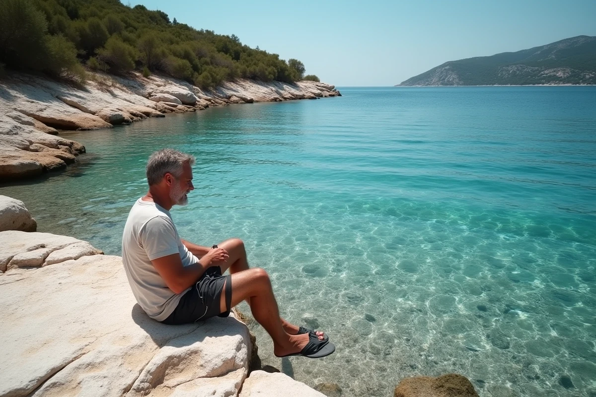 Homme au bord d'une crique isolée sur l'île de Mljet prêt à se baigner dans l'Adriatique