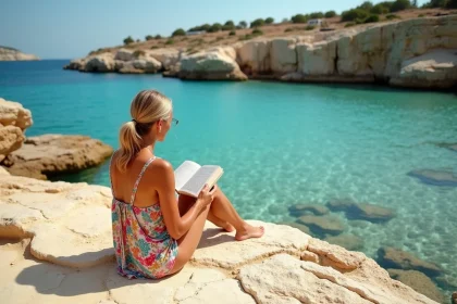 Femme locale se reposant sur les rochers plats d'une crique secrète de Monopoli en Puglia, entourée d'eau turquoise et de falaises calcaires