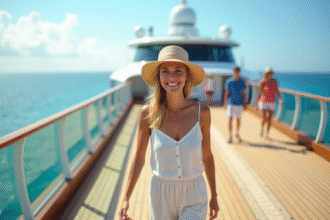Femme souriante en été jouant au shuffleboard sur un bateau