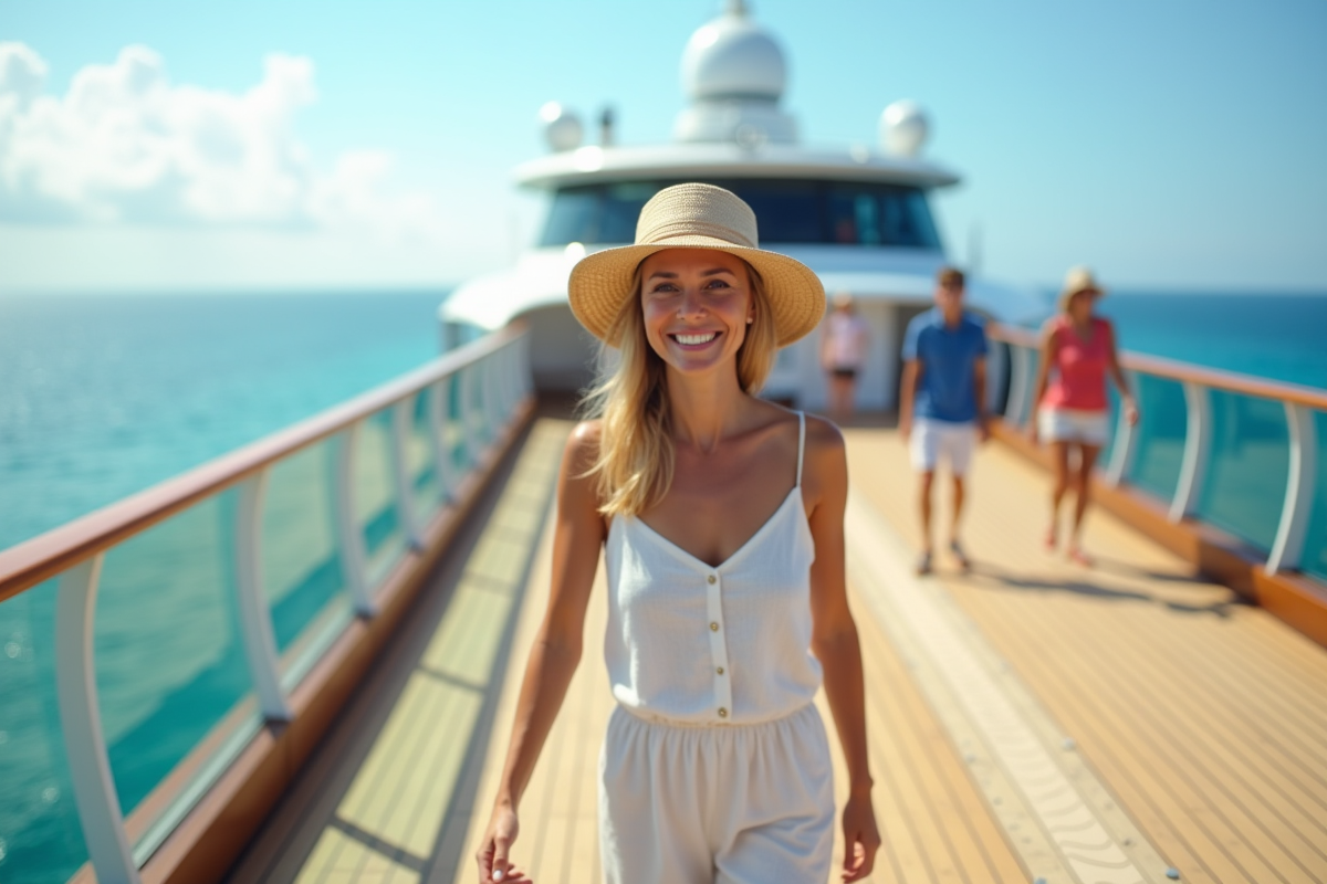 Femme souriante en été jouant au shuffleboard sur un bateau