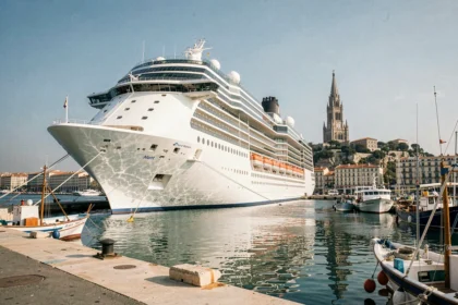 Bateau de croisière amarré au port de Marseille avec vue sur Notre-Dame de la Garde en arrière-plan