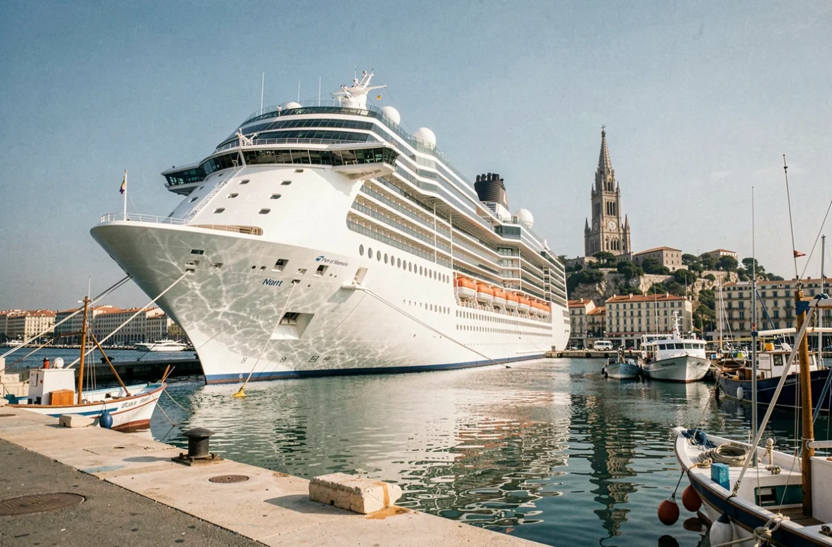 Bateau de croisière amarré au port de Marseille avec vue sur Notre-Dame de la Garde en arrière-plan