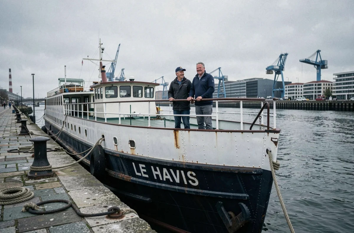 Couple sur le pont d'un bateau de croisière fluviale amarré au quai du Havre avec vue sur l'estuaire de la Seine