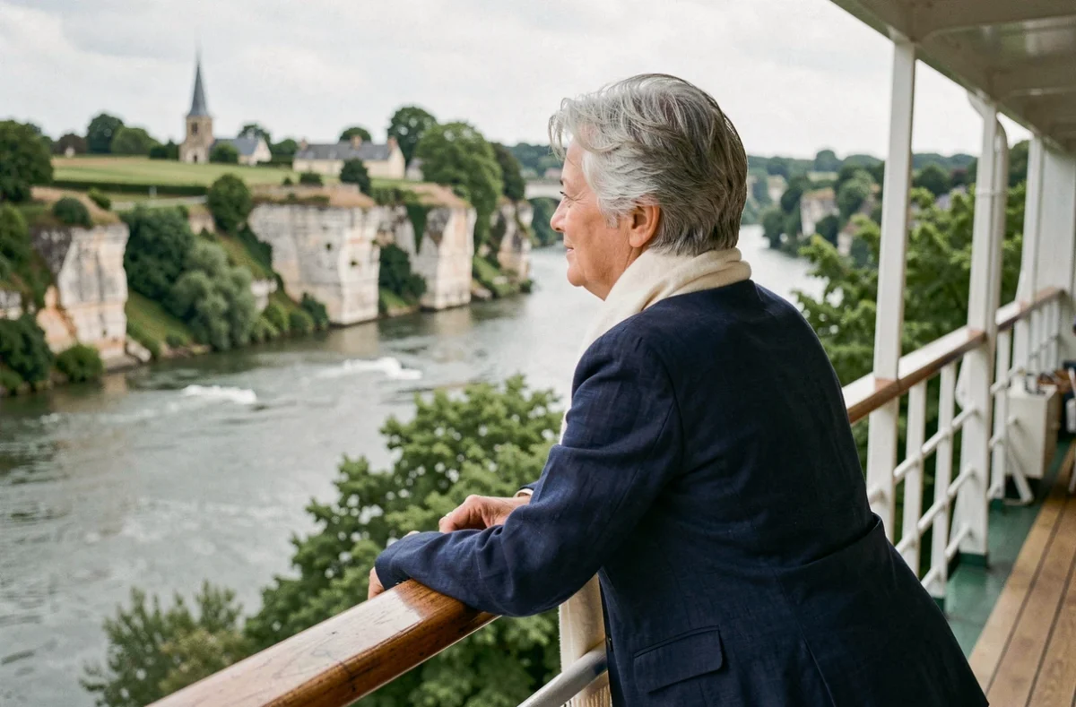 Femme admirant les falaises de Normandie depuis le pont d'une croisière fluviale sur la Seine au départ du Havre