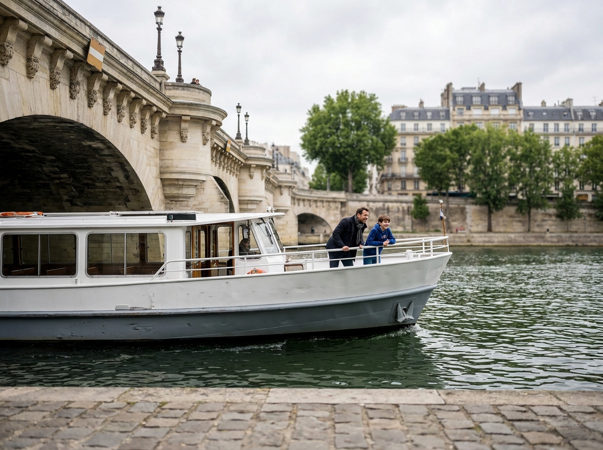 Bateau de croisière familiale passant sous un pont parisien sur la Seine avec père et enfant à la proue