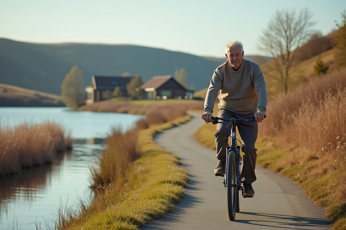 Homme âgé à vélo sur un chemin près d