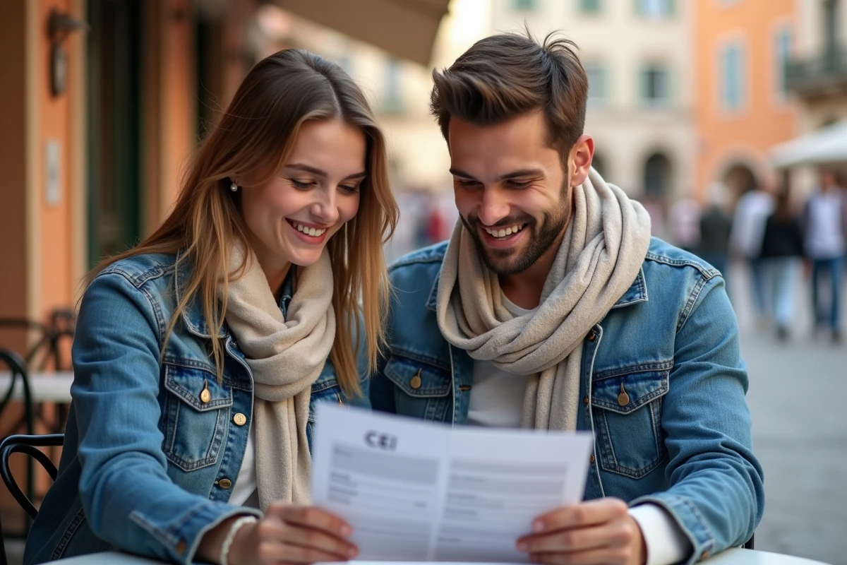 Deux jeunes voyageurs consultant une brochure d'assurance CEI dans un café en Europe lors d'un premier séjour à l'étranger