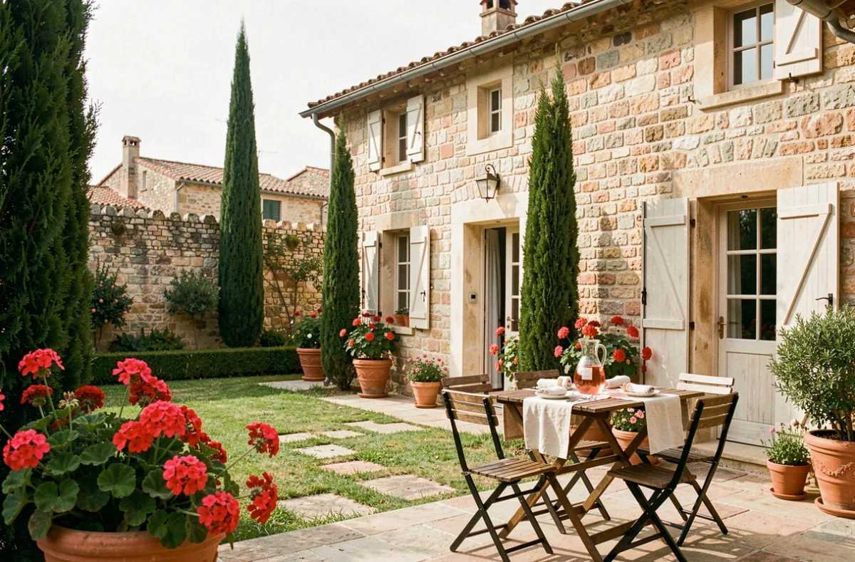 Terrasse ombragée du Domaine Daulone avec jardin provençal et vue sur les toits de Vaison-la-Romaine