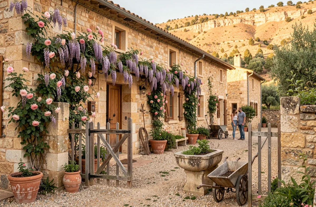 Cour intérieure du Domaine Perréal, gîte rural à Gargas dans le Luberon, avec mas en pierre sèche et roses grimpantes