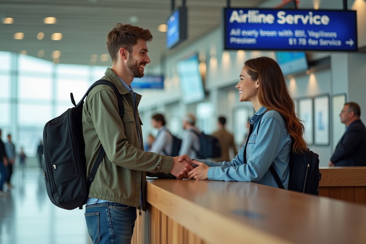 Jeune voyageur serrant la main du personnel a l