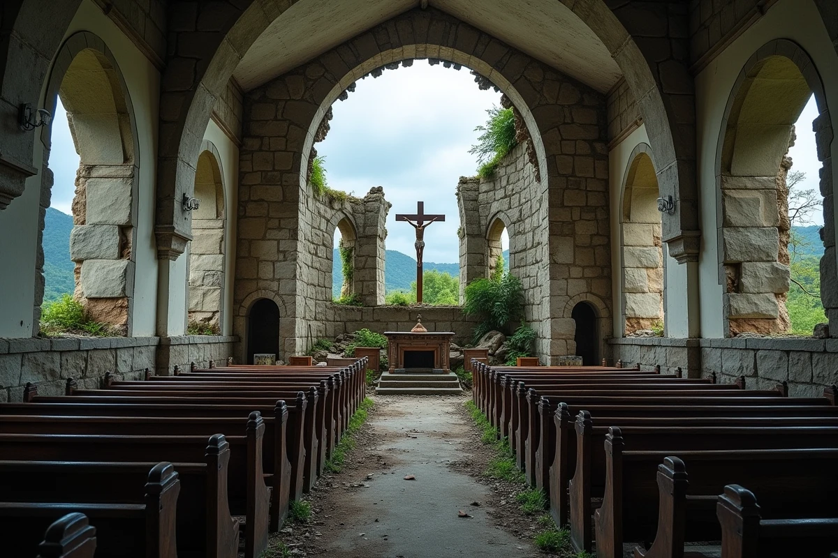 Intérieur d'une église abandonnée en ruines dans un village désert de France, voûte effondrée, bancs pourris et vitraux brisés dans une ambiance mystérieuse