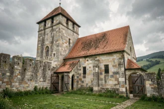 Vue extérieure d'une église fortifiée médiévale en Transylvanie avec ses murs défensifs en pierre et son clocher imposant