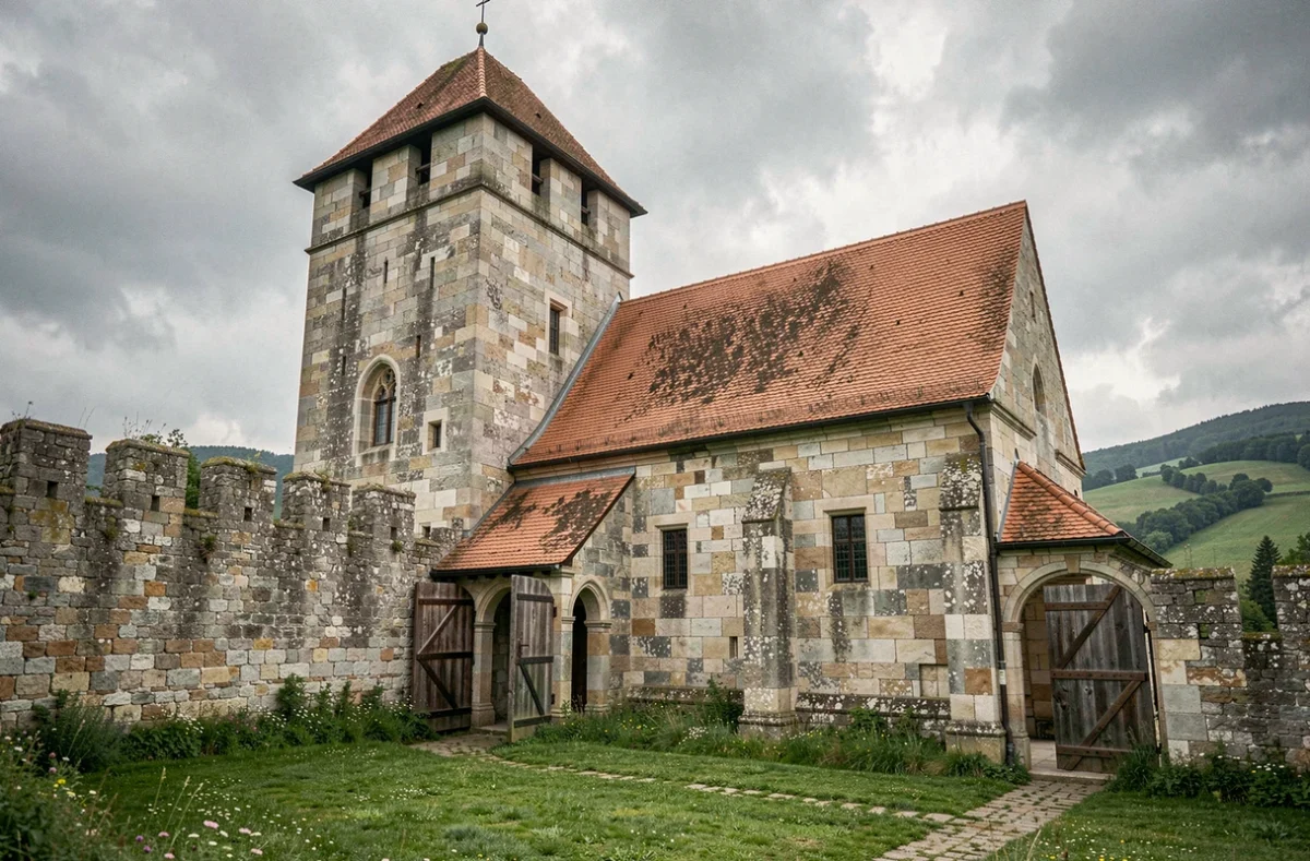 Vue extérieure d'une église fortifiée médiévale en Transylvanie avec ses murs défensifs en pierre et son clocher imposant
