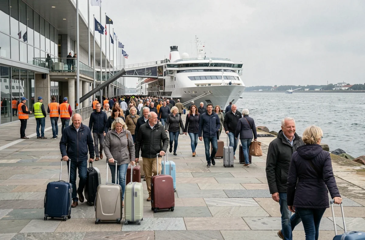 Embarquement de passagers sur le quai du terminal de croisière fluviale au Havre avec bagages et personnel portuaire