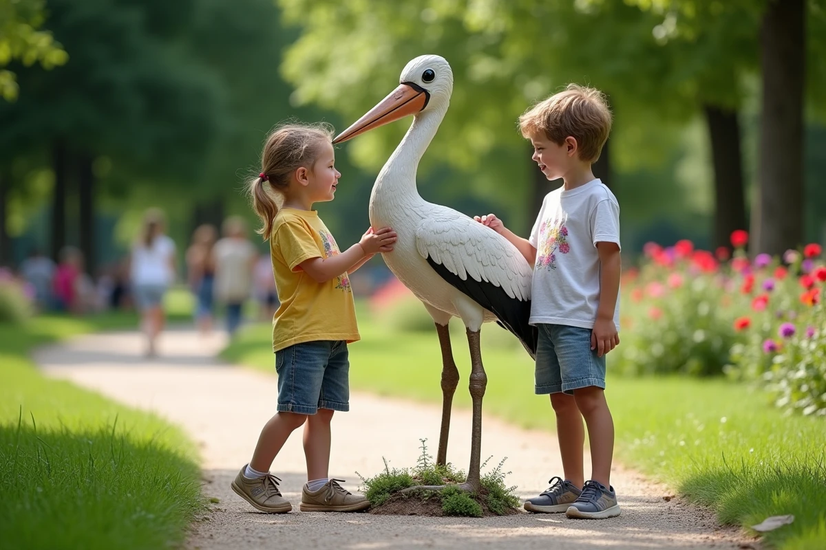 Enfants jouant avec une sculpture de cigogne dans un parc
