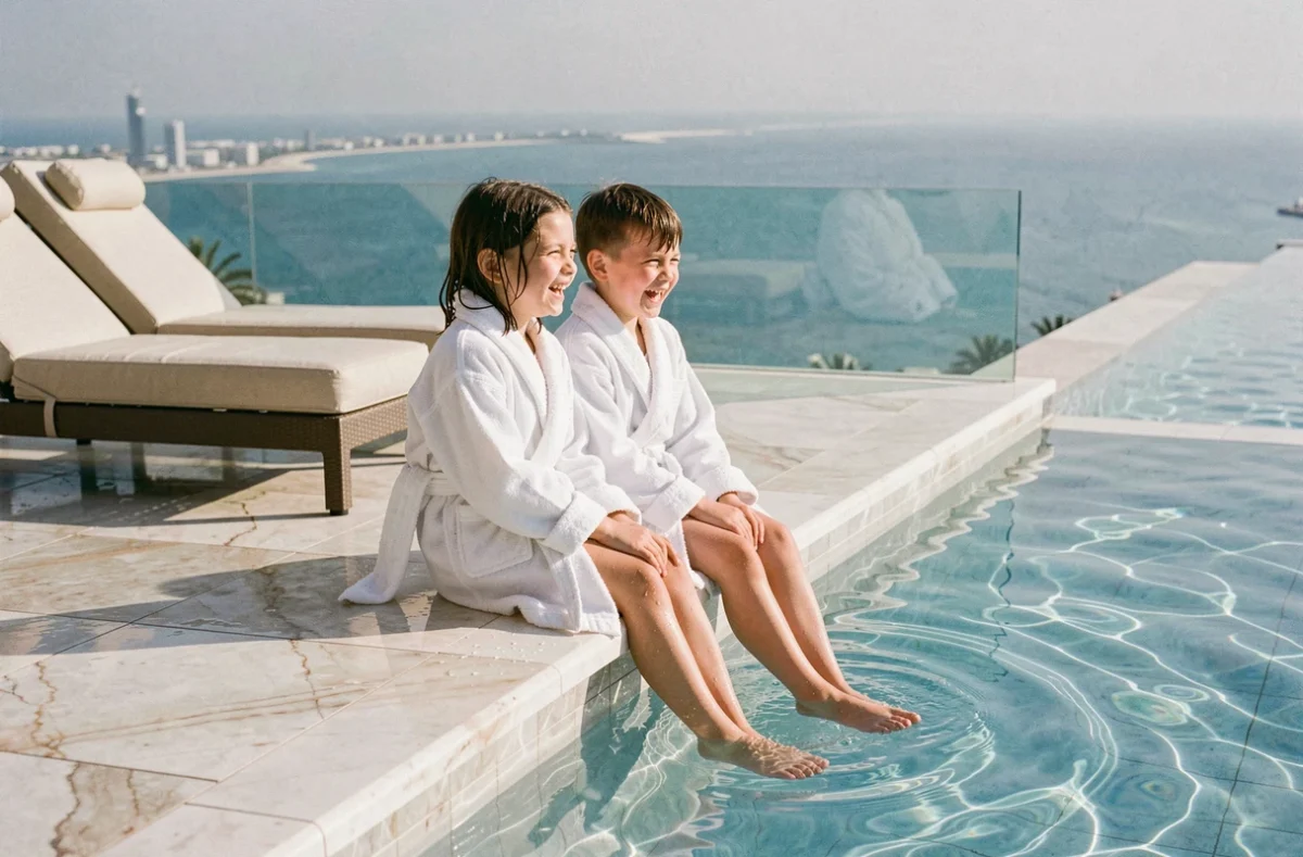 Enfants profitant de la piscine à débordement d'un hôtel de luxe à Dubaï avec vue sur la mer