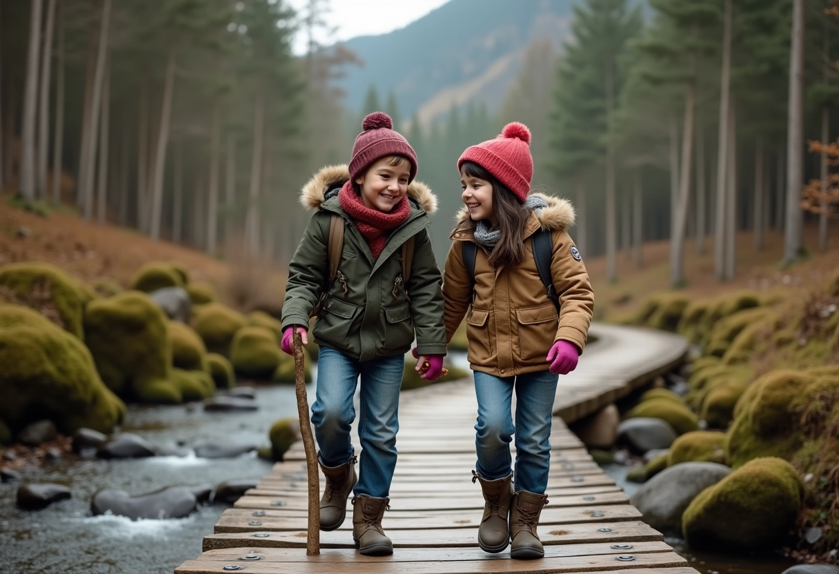 Enfants traversant un pont en bois dans la forêt vosgienne