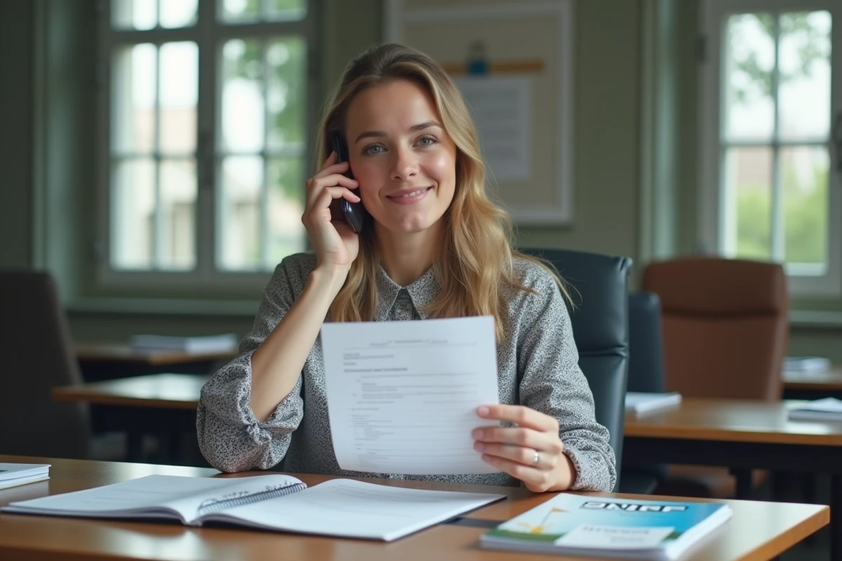 Jeune enseignante parlant au téléphone dans son bureau