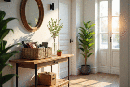 Entrée moderne avec console en bois et panier de voyage organisé